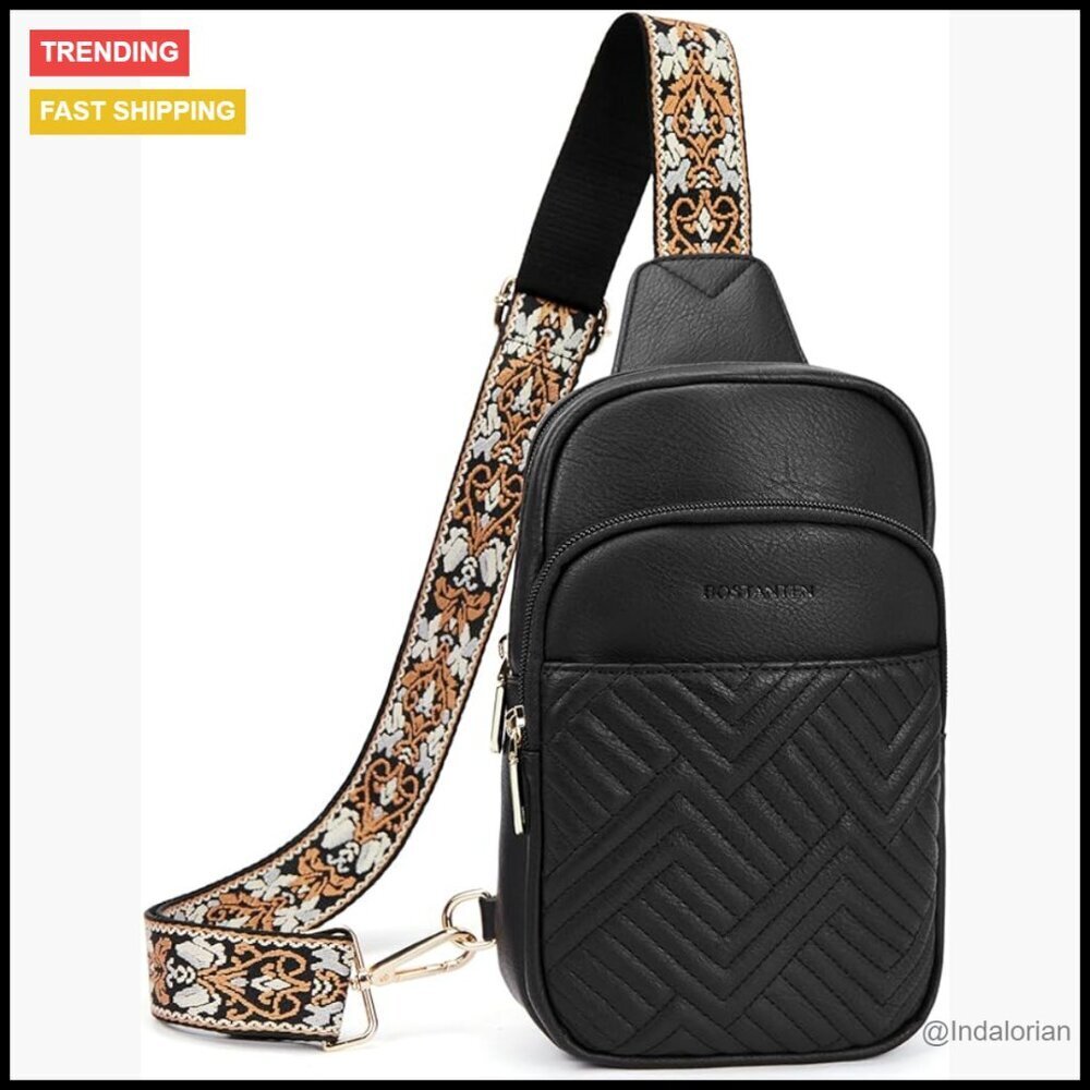 Quilted Vegan Leather Sling Bag Crossbody Purse Adjustable Guitar Strap Large